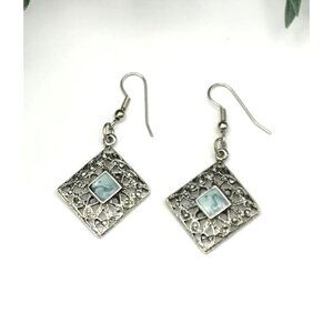 Vintage Silver-Tone Filigree Square Earrings With aqua Gemstone Inlay